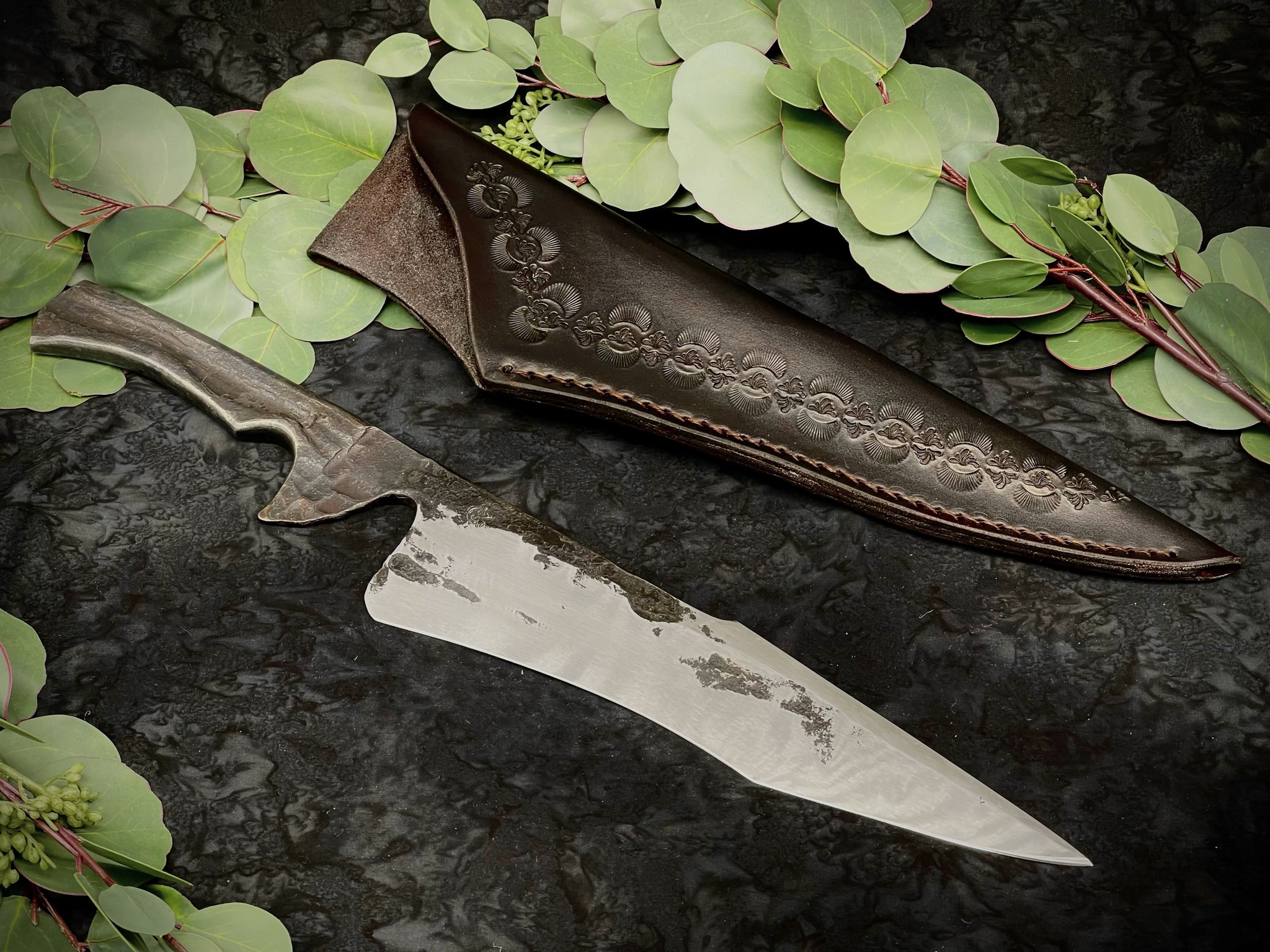 Hand Forged Chef Knife With Custom Handtooled Sheath 